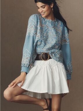 Anthropologie Blue Embroidered Long-Sleeve Blouse